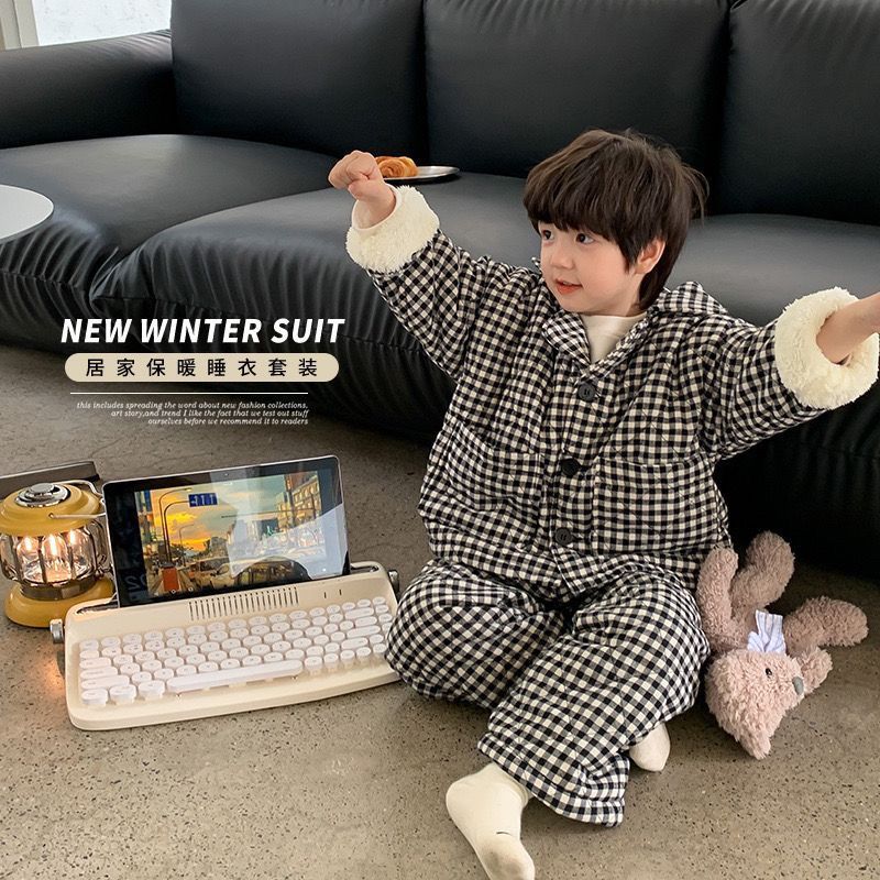 儿童加绒加厚冬款家居服韩版宽松男女童保暖格子夹睡衣套装