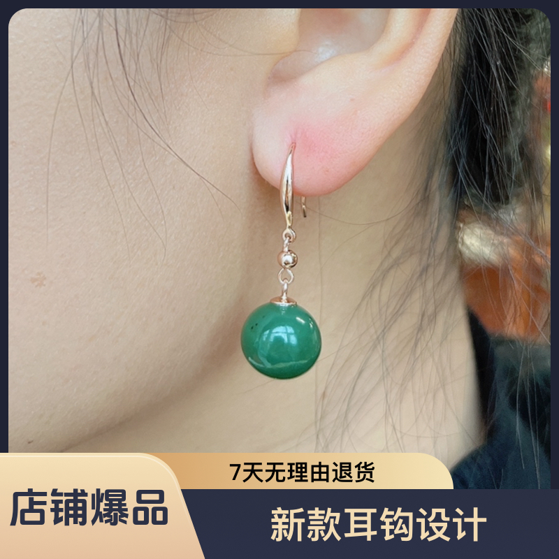 YTX/易同心天然和田碧玉新款12mm耳钩s925银镶嵌佩戴大气拍下付款