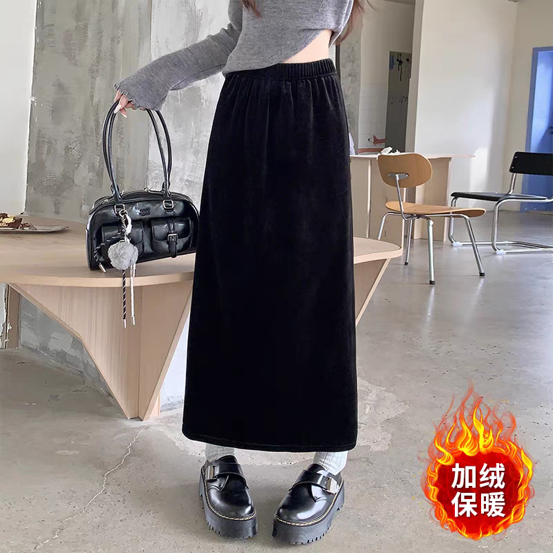 黑色中长款2025秋冬半身裙新款金丝绒高腰显瘦长裙一步开叉裙子女