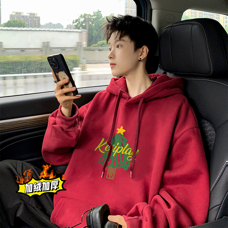 酒红色520g重磅圣诞卫衣男加绒加厚美式复古本命年连帽衫广州外套