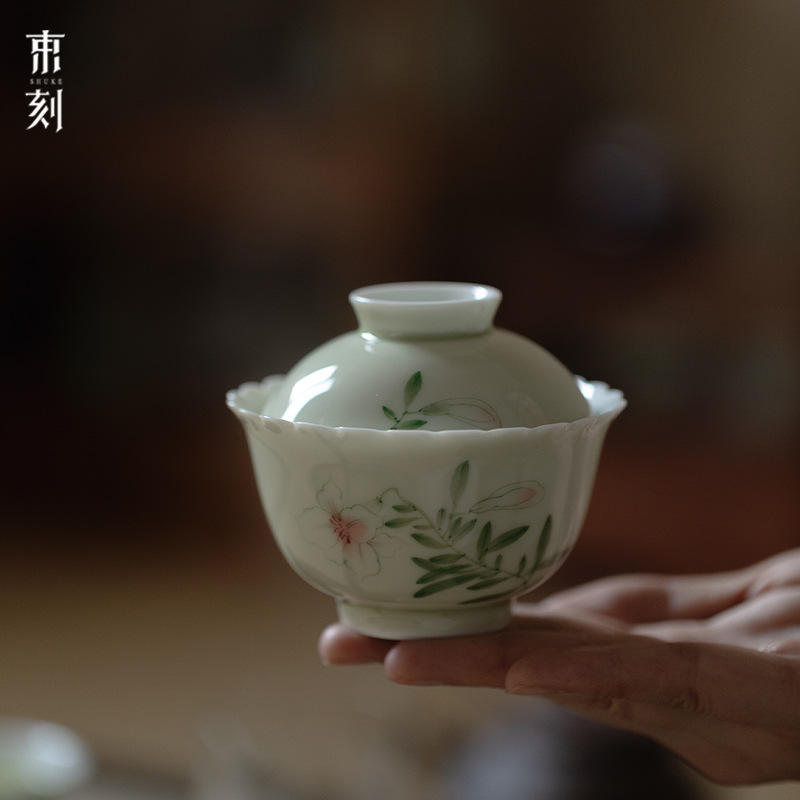 【三柒陶坊】果青手绘百合花菊口单个陶瓷釉下彩复古泡茶碗