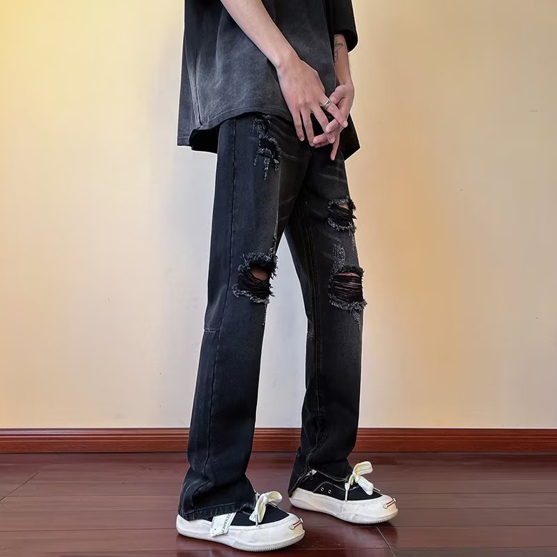 034高破洞牛仔裤男女中性修身小直筒牛仔长裤拖地裤薄款