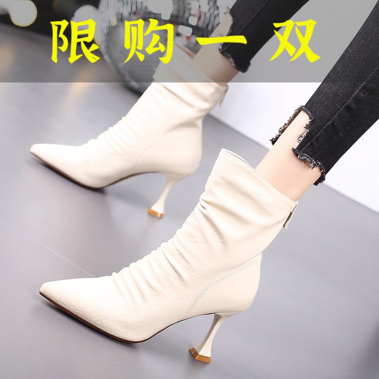 红蜻蜓牌白色尖头高跟软皮中筒靴瘦瘦靴2023秋冬单靴细跟短靴马