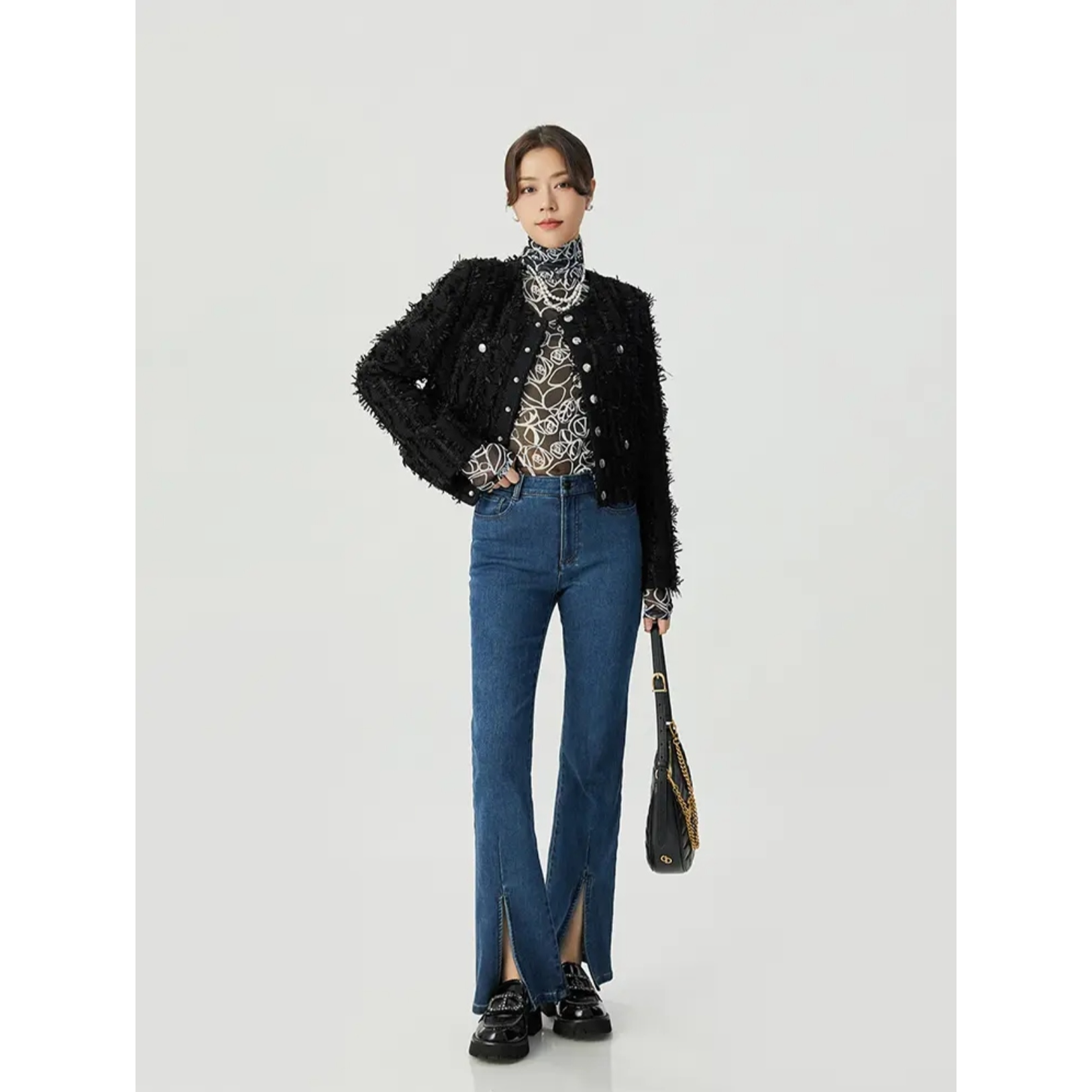 AMASS/阿玛施简约时尚丹宁风高腰显瘦植绒开叉微喇牛仔裤5100467