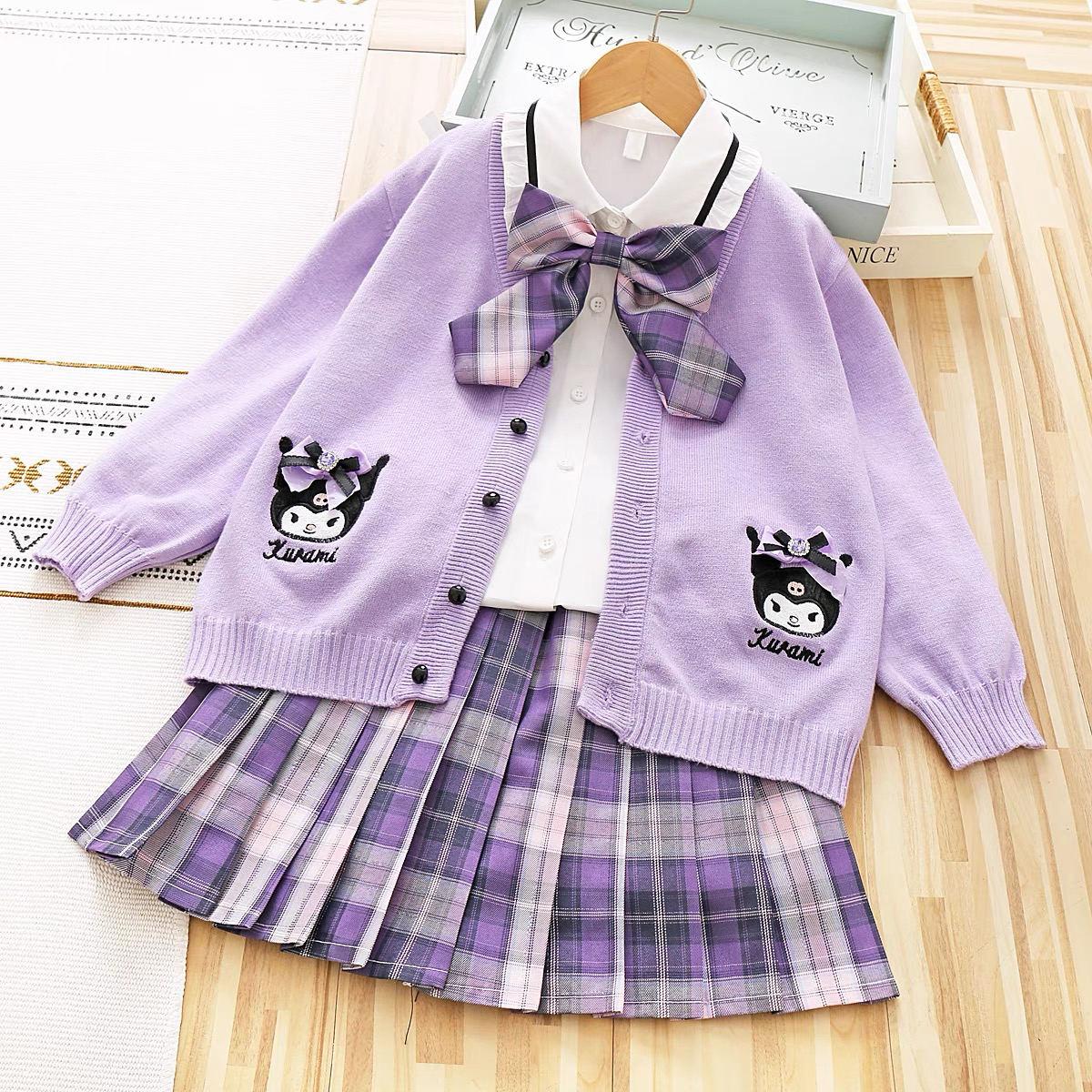 库洛米女童格子半身裙jk套装2025秋新款洋气针织开衫百褶裙三件套