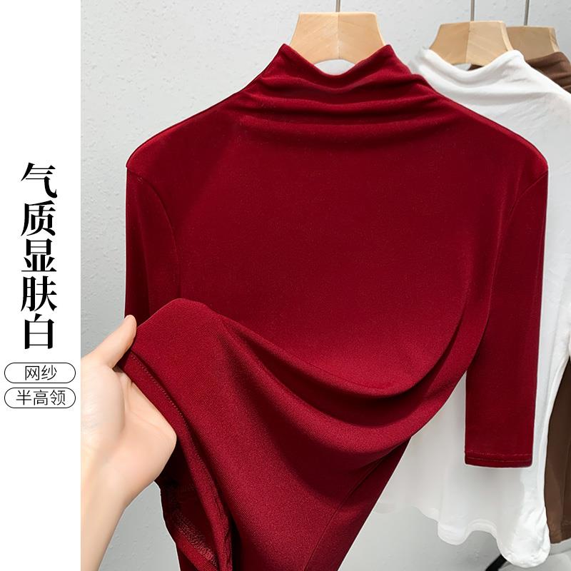 半高网纱打底衫女春秋2023新款中袖T恤女五分袖酒红色薄纱上衣