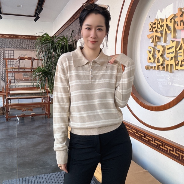 柞蚕丝针织上衣长袖翻领秋冬条纹时尚百搭针织衫 1245