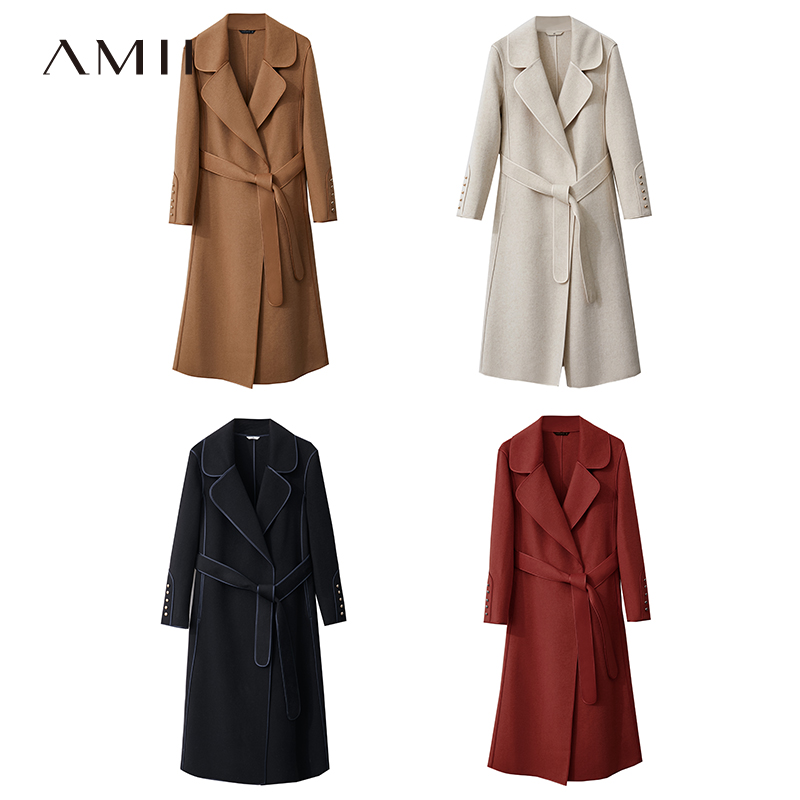 Amii翻驳领配腰带包边全羊毛双面呢女12324122