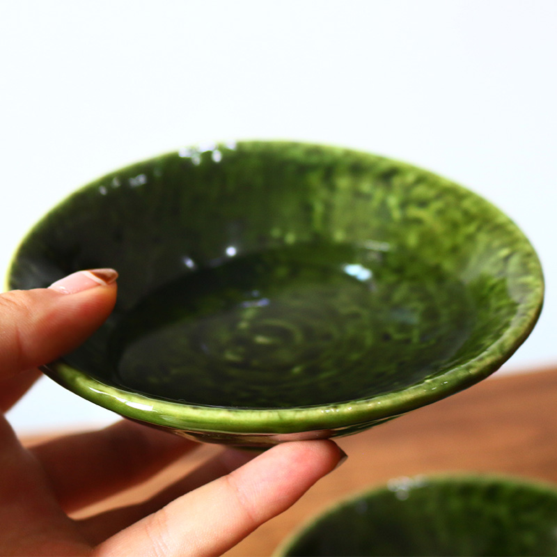 织部不规则茶碗 日本进口美浓烧小碗斗笠碗 家用浅钵蘸料碗复古绿