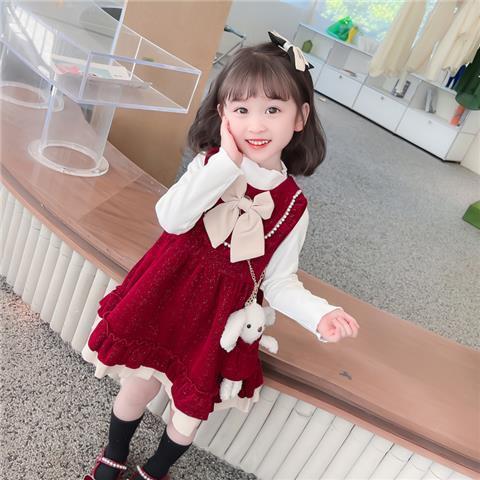 女童连衣裙套装秋冬小女孩儿童长袖打底T恤背心裙洋气两件套装