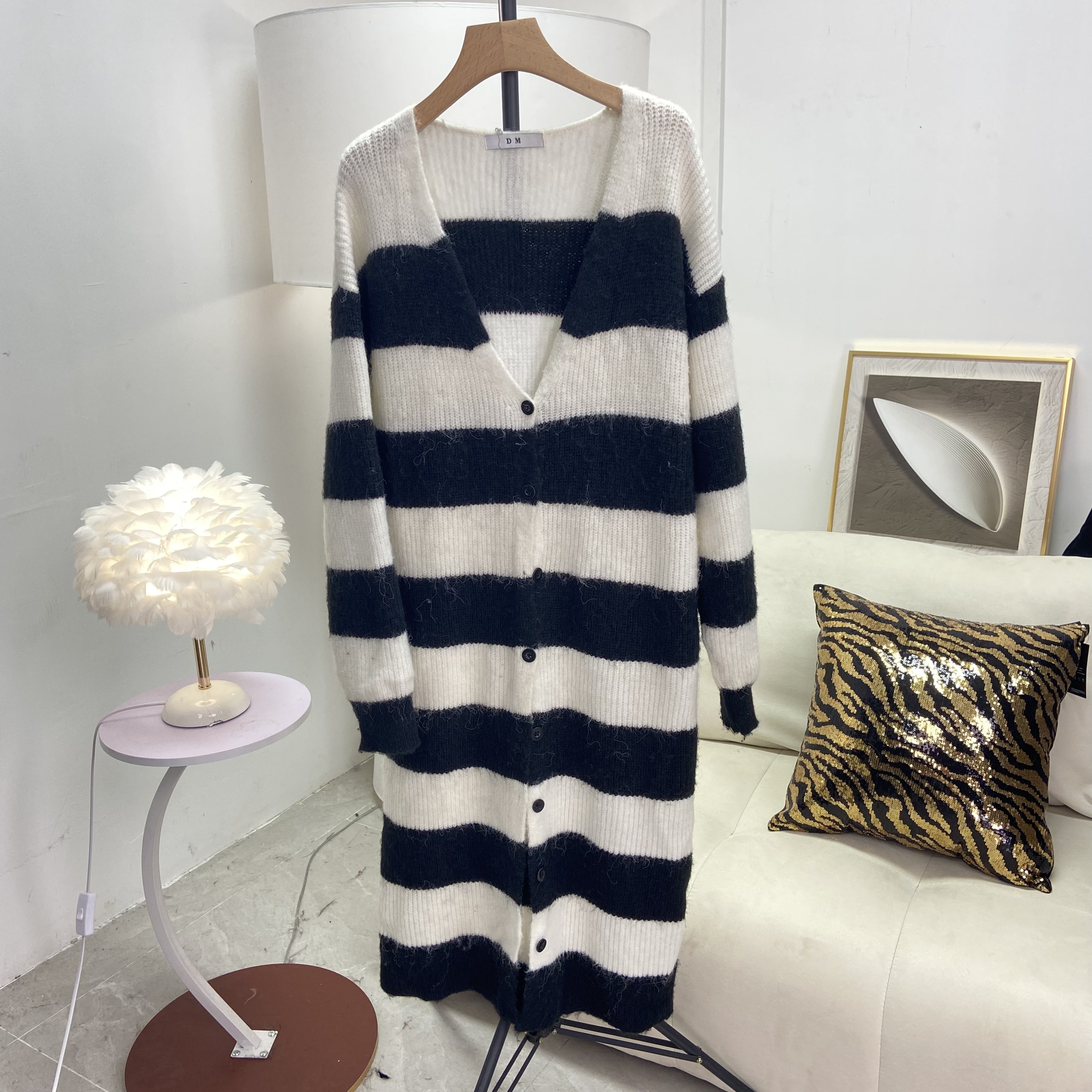 【庄喜儿Original】黑白条纹长袖百搭宽松中长款针织开衫女G021