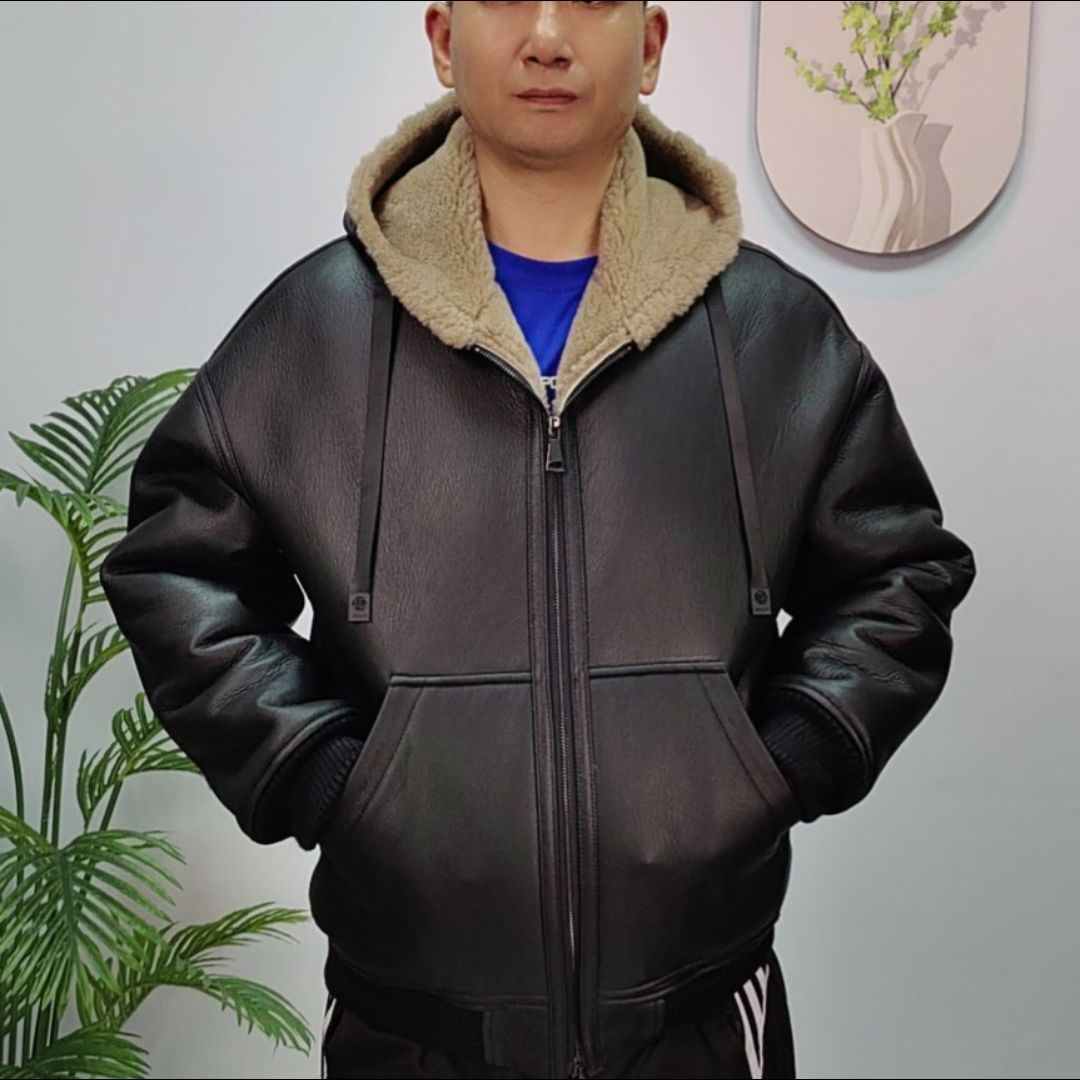 莜露男款5708原生态真皮皮衣羊皮毛一体保暖时尚潮流短款休闲黑色
