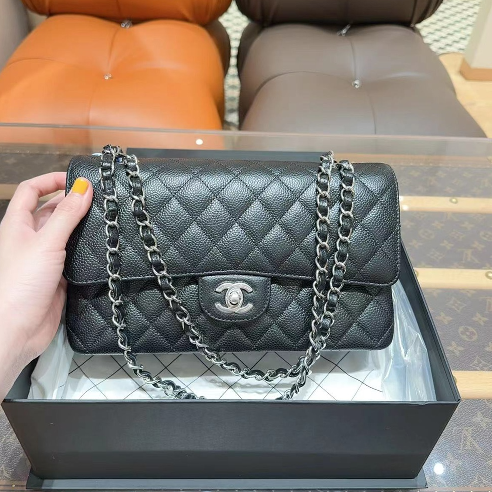 99新 Chanel/香奈儿 0550/全心全套/cf中号/黑银/荔枝牛皮/芯片款