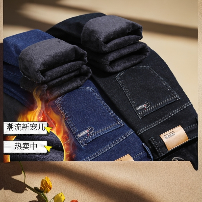 休闲加绒加厚牛仔裤男士潮流男宽松直筒弹力保暖高腰冬季长裤裤子