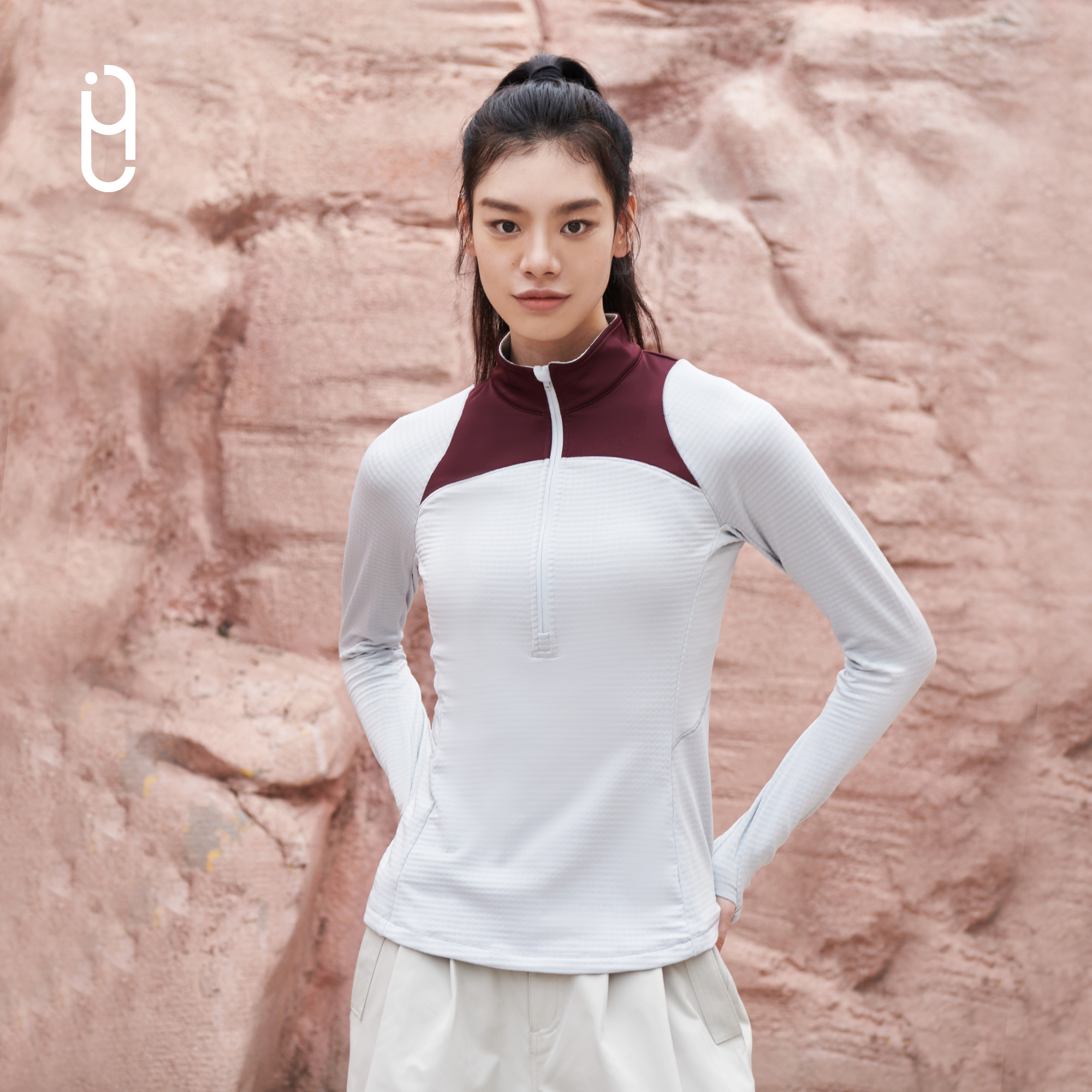 YLI半拉链运动卫衣吸湿速干磨毛亲肤跑步健身训练小高领撞色T恤女