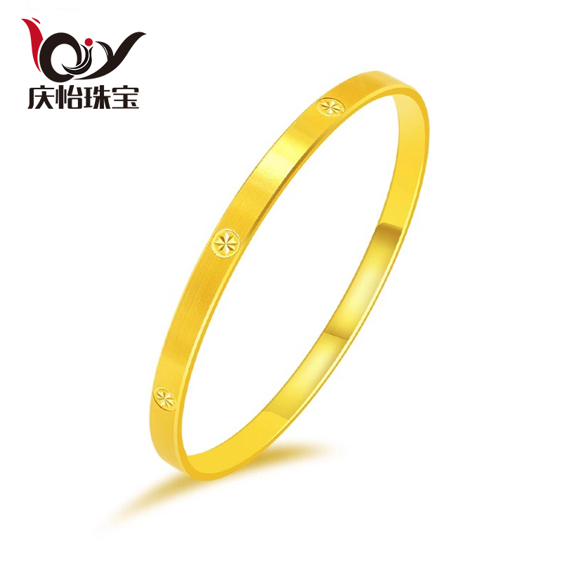 足金999钻纹手镯 钻纹简约时尚百搭流光拉丝黄金手镯情人节送礼