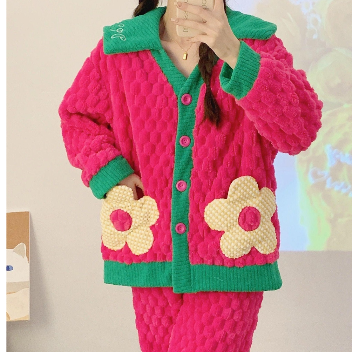 秋冬季网红小香风睡衣套装半边绒加厚加绒新款开衫女睡衣可外穿