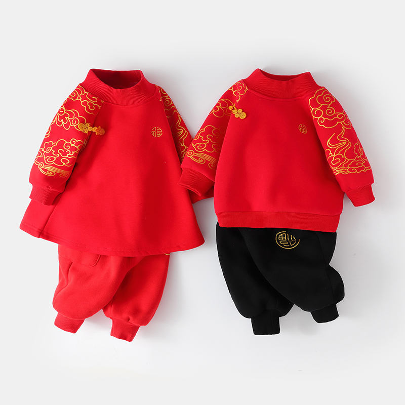 婴儿拜年服宝宝中国风新年装小儿童红色过年喜庆唐装汉服女外穿B9