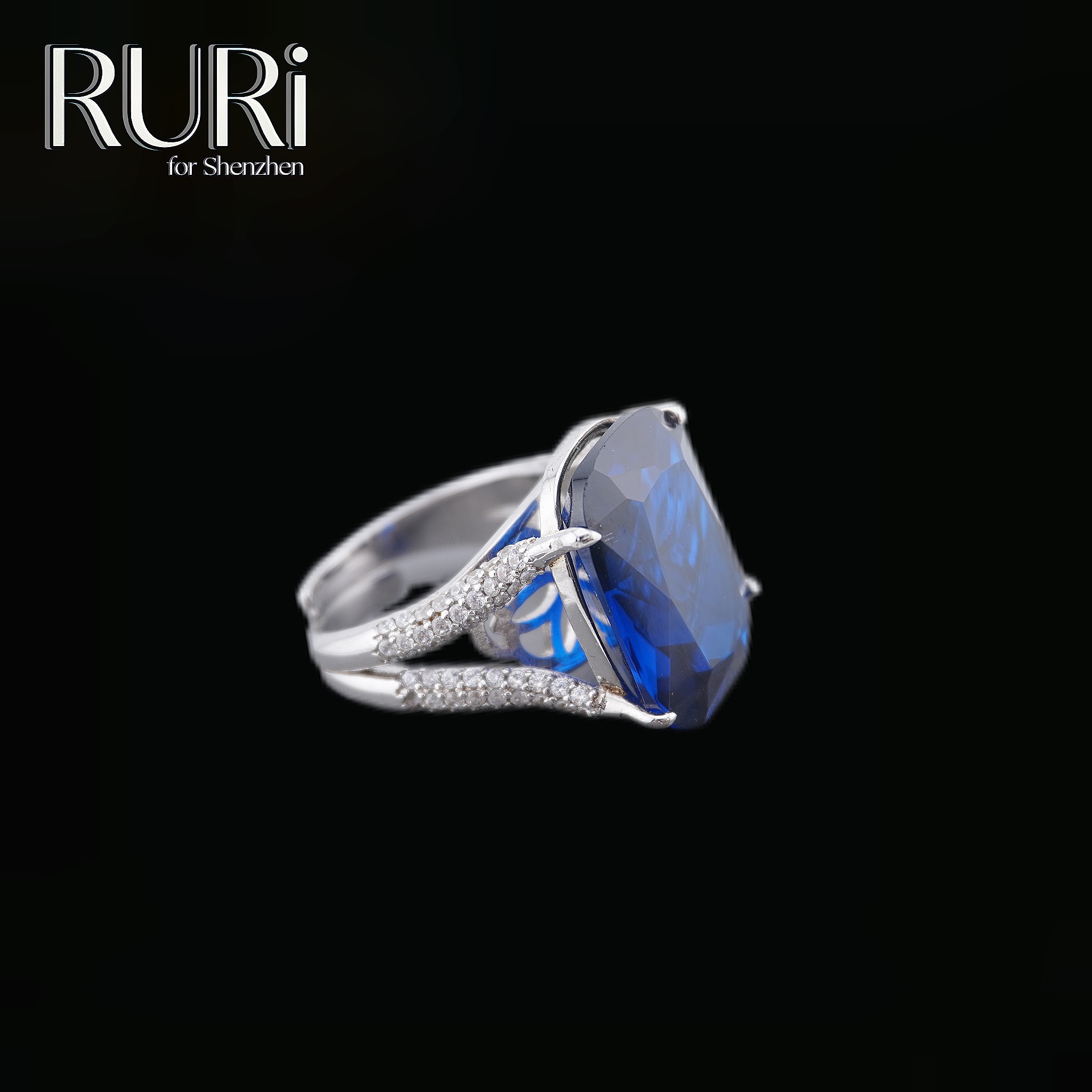 925银合成锆石戒指 轻奢时尚重工蓝色大方糖戒指A0823