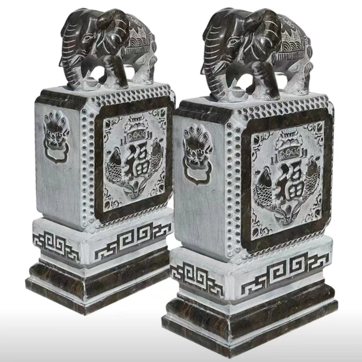 仿古石雕天然青石门墩一对方形小象福鱼款抱鼓石酒店别墅庭院装饰