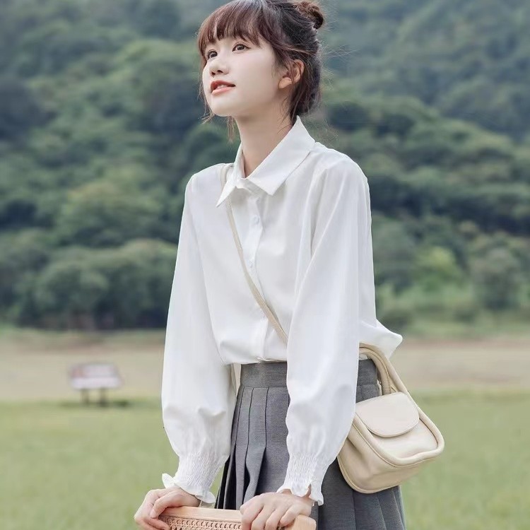 白色小清新甜美花边袖衬衫2025春秋季新款时尚百搭宽松衬衫打底衣