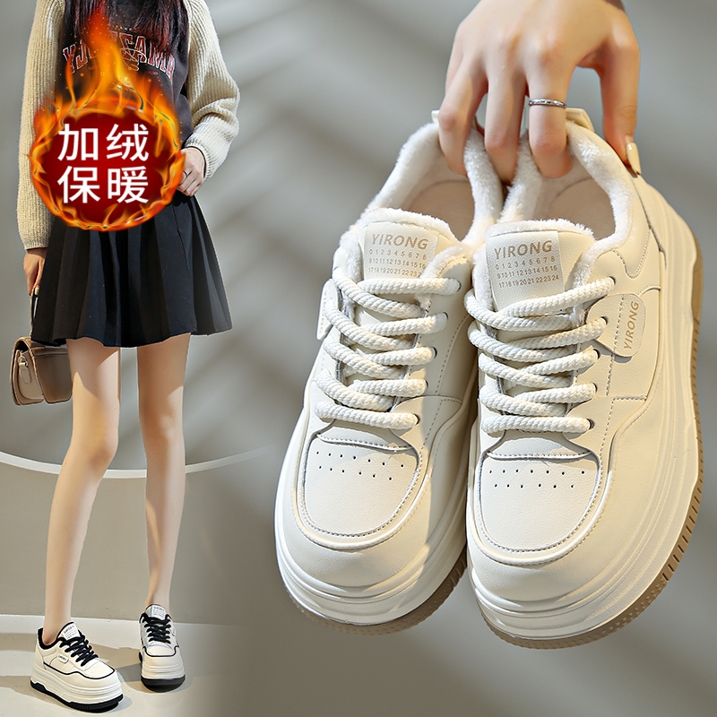 百丽纯爱小白鞋女加绒冬季2023新款韩版厚底增高板鞋运动休闲松糕
