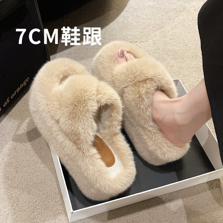 百丽纯爱厚底增高毛毛拖鞋女2022秋冬新款居家外穿网红时尚松糕交