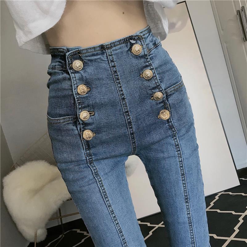 L秋秋高腰牛仔裤女收腹显瘦时尚弹力紧身小脚铅笔九分裤潮高级感