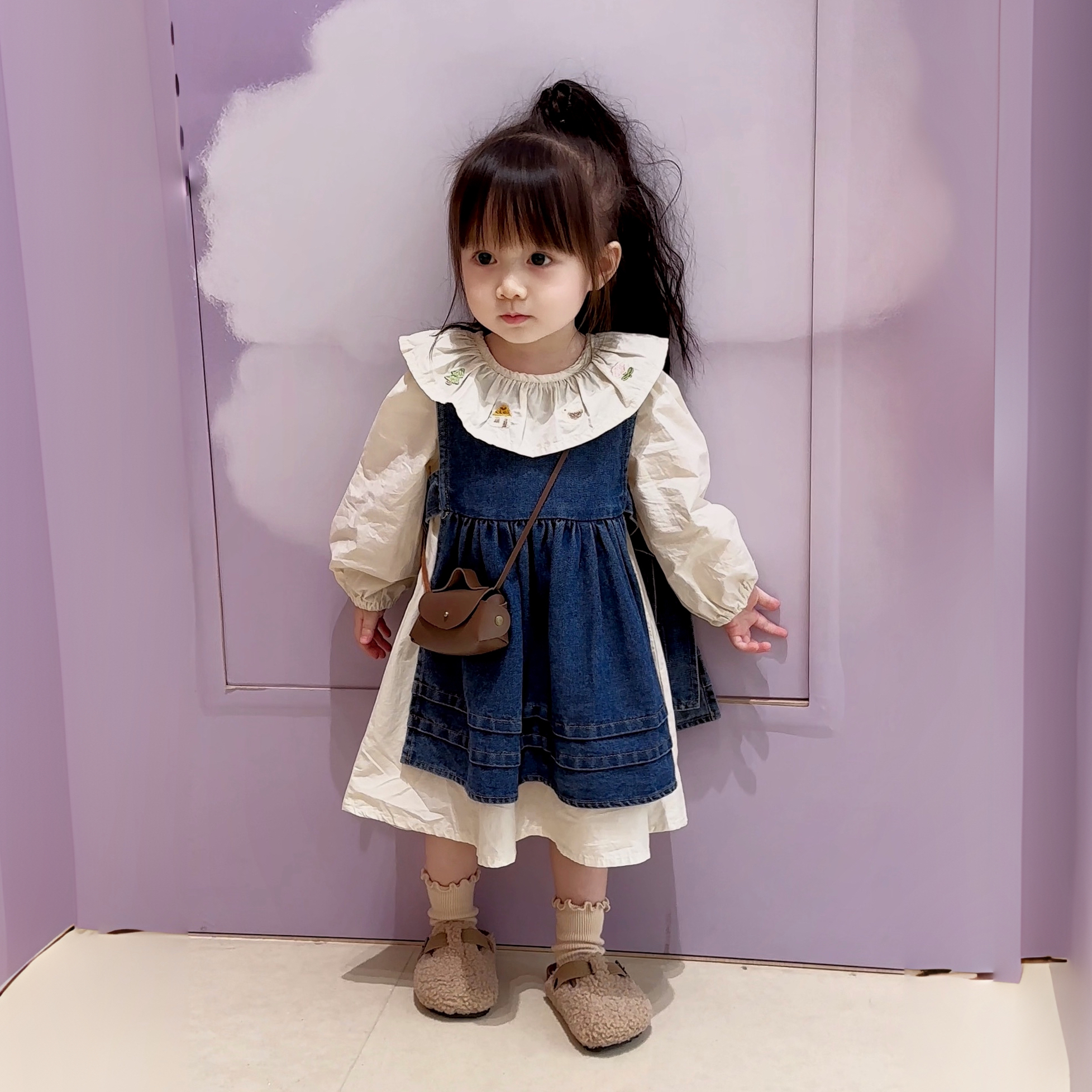 韩国童装2023秋季新款韩版女童中小童牛仔裙娃娃衫套装两件套