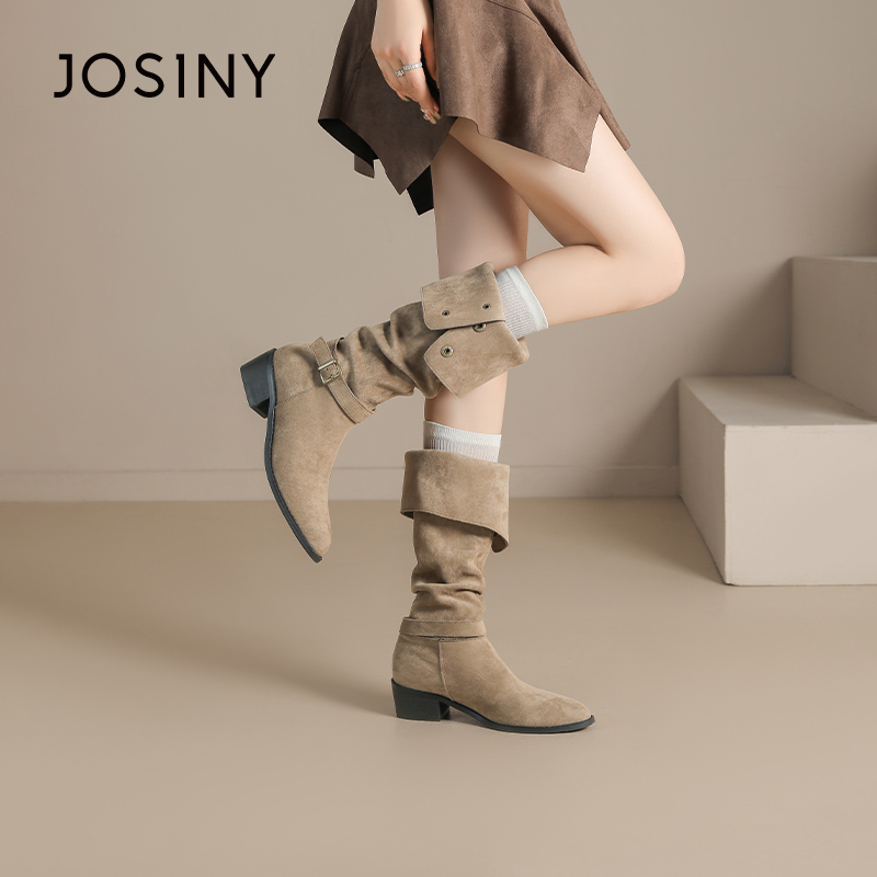 JOSINY/卓诗尼尖头厚底不过膝长靴2025冬季新款加绒保暖瘦瘦靴