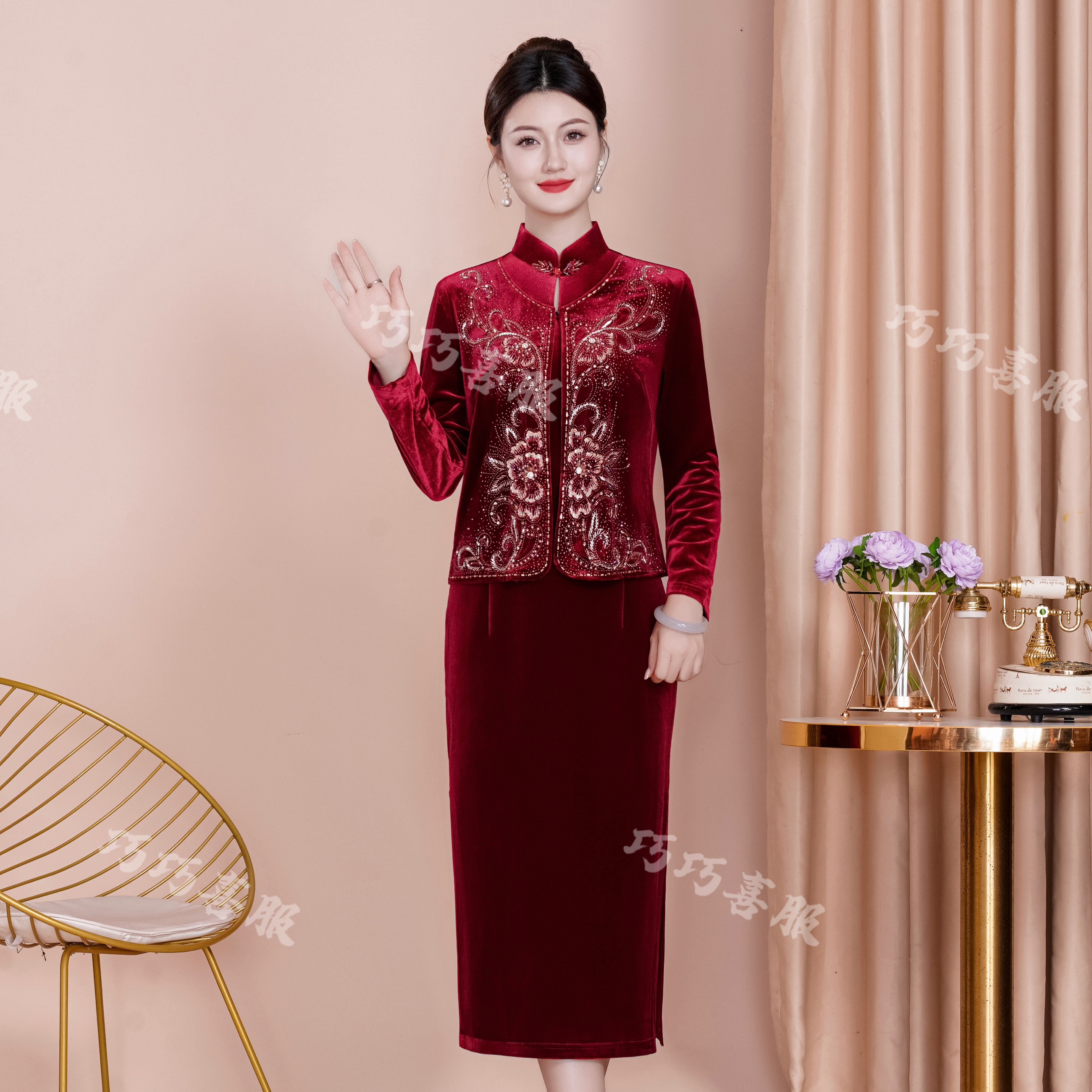 23809优雅气质喜妈妈重工艺串珠两件套礼服旗袍