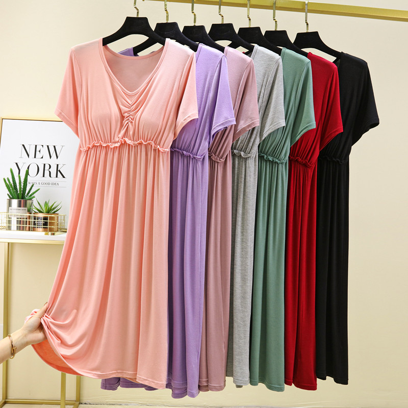 夏带胸垫短袖睡裙莫代尔连衣裙女家居裙宽松a字裙过膝内搭打底裙