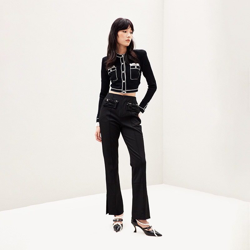 le fame/拉飞姆设计师显瘦百搭黑色微喇裤休闲裤女