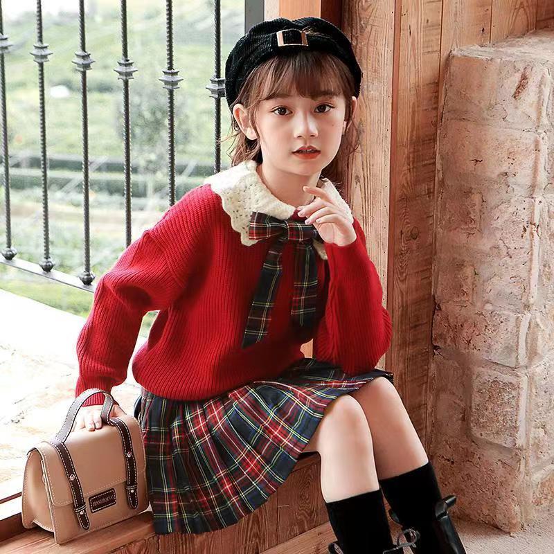 女童红色毛衣2023学院风女孩套装儿童裙子春秋洋气大童毛衣裙冬装