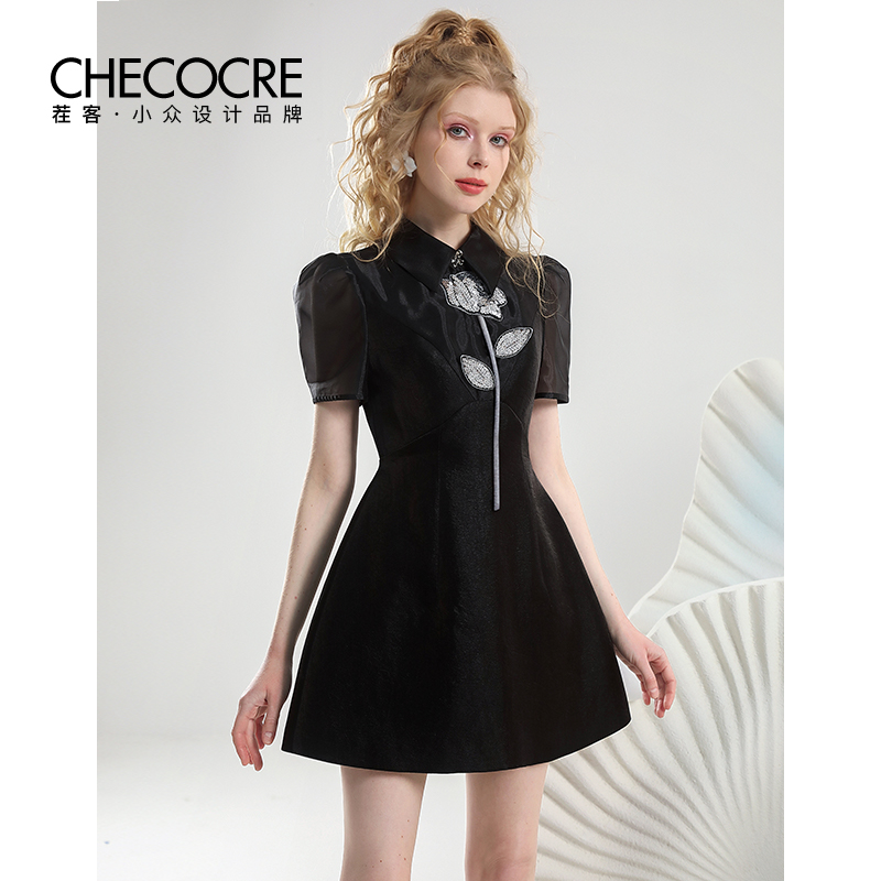 茬客小黑裙夏季缎面拼接网纱减龄珠片玫瑰浪漫连衣裙CM700420