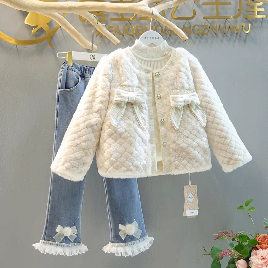女童加棉冬季套装外套新款中大童名媛风一体加绒牛仔裤两件套