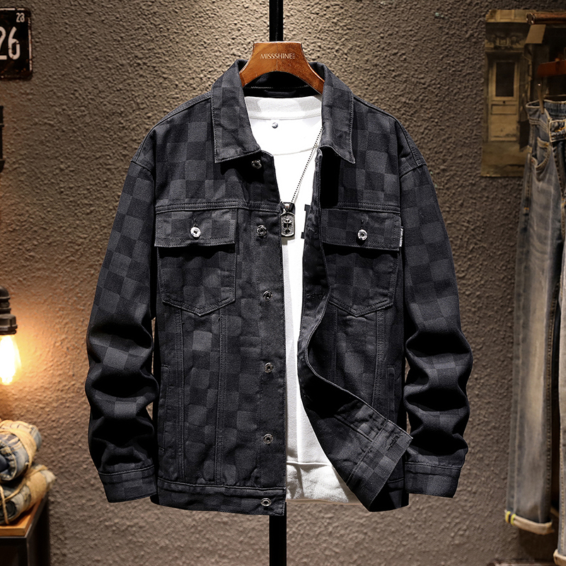 旗哥潮黑色秋冬厚款棋盘格子牛仔外套男士潮牌百搭潮流夹克上衣服