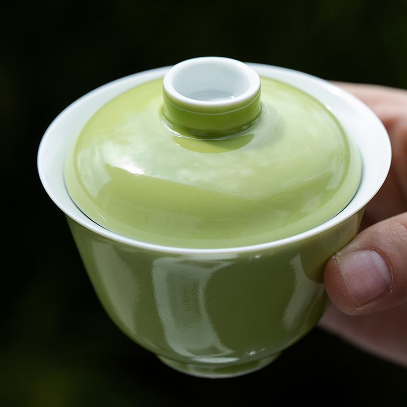 泥炎苹果绿二才盖碗单个陶瓷泡茶碗家用客厅防烫茶杯泡茶器敬茶碗