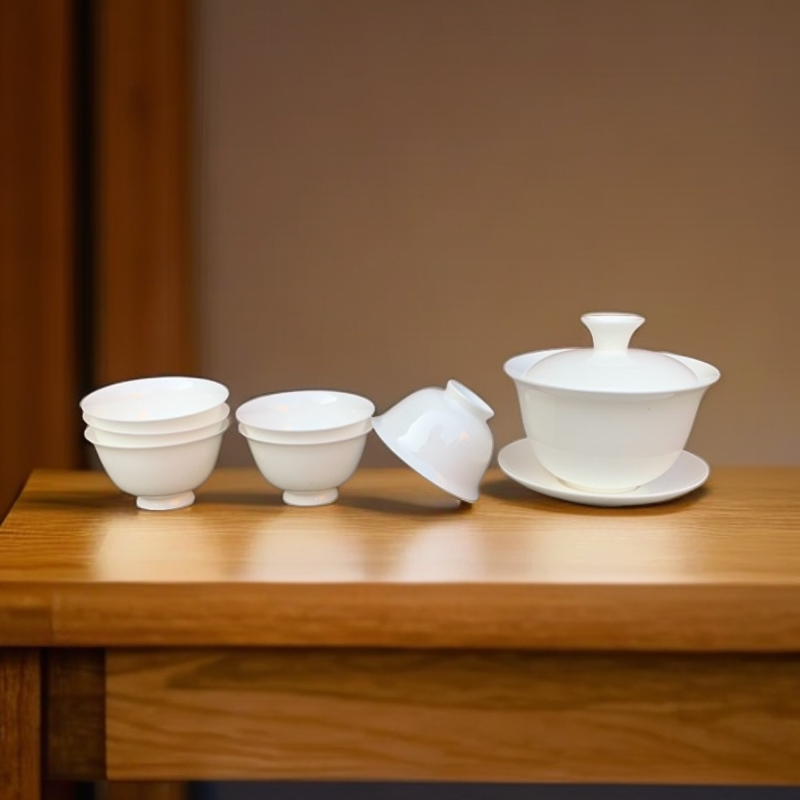 潮州高骨瓷三才元宝盖碗盖下110毫升加6只40毫升高脚超薄胎套装