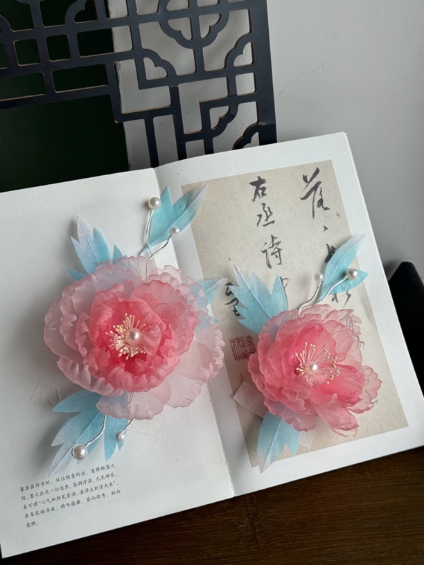原创（照水芙蓉）真丝烫花芙蓉花发饰仙气百搭汉服配饰