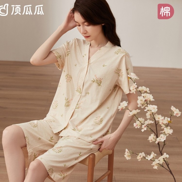 顶瓜瓜顶呱呱天然彩棉短袖短裤V领女睡衣夏季新纯棉印花薄款家居