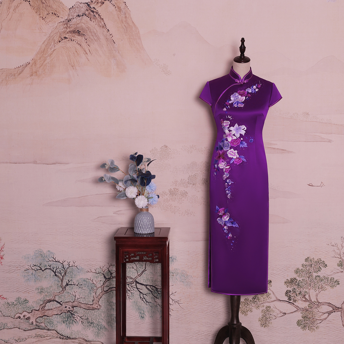 YUANZUEN/袁尊紫玫红 桑蚕丝手推绣旗袍 日常生活 中国风旗袍网红