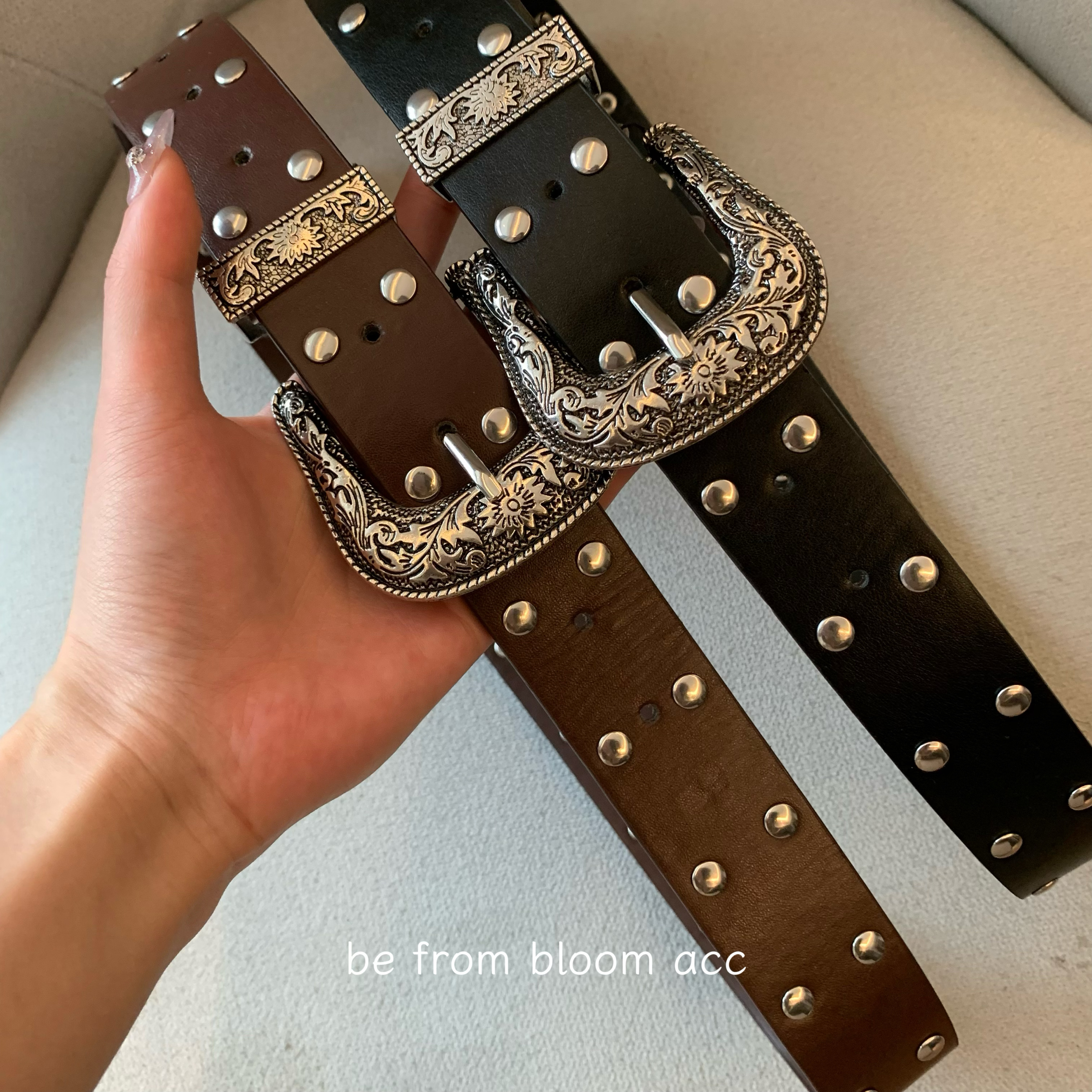 Y2K复古休闲百搭女士腰带新款辣妹双排铆钉雕花针扣时尚皮带女