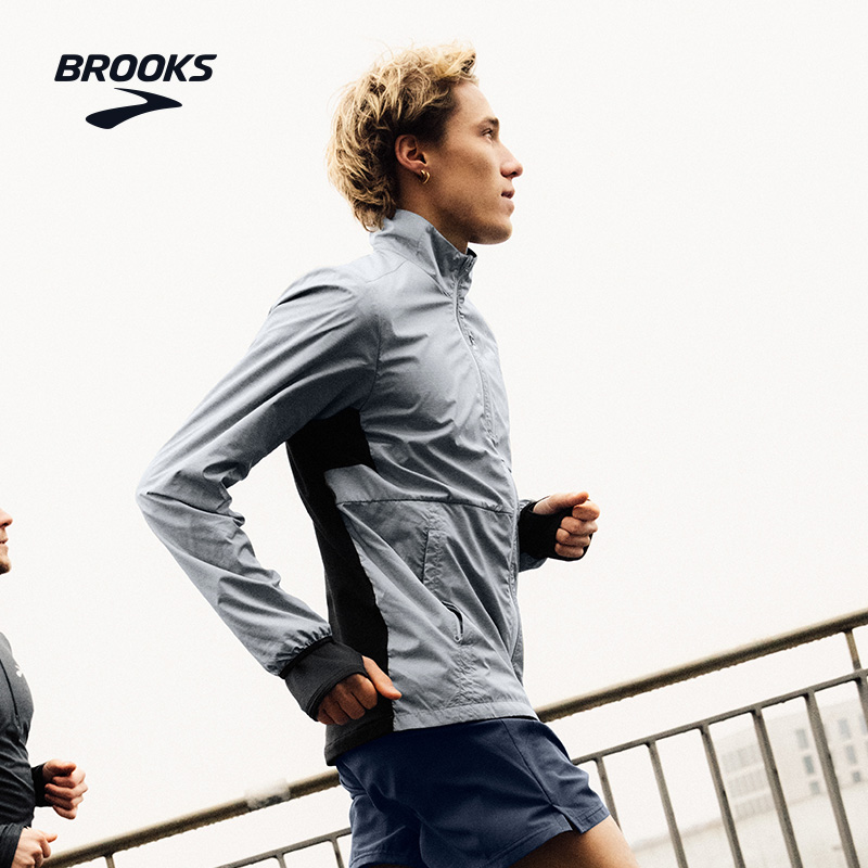 BROOKS布鲁克斯男士跑步防风户外夹克防水薄款运动外套收纳拉链