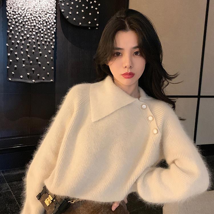 洋气宽松慵懒毛衣女2023秋冬新款韩版翻领外穿显瘦针织衫打底上衣