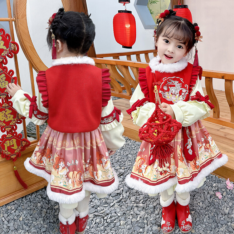女童年服连衣裙2024拜年服加厚加绒汉服两件套儿童宝宝女孩冬喜庆