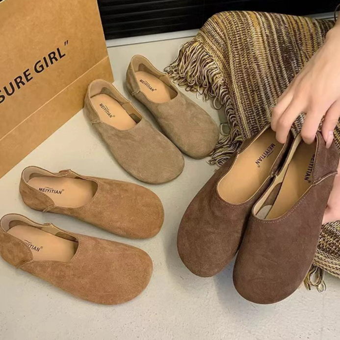 0916#秋季新款懒人一脚蹬浅口奶奶鞋平底单鞋百搭复古圆头软底鞋
