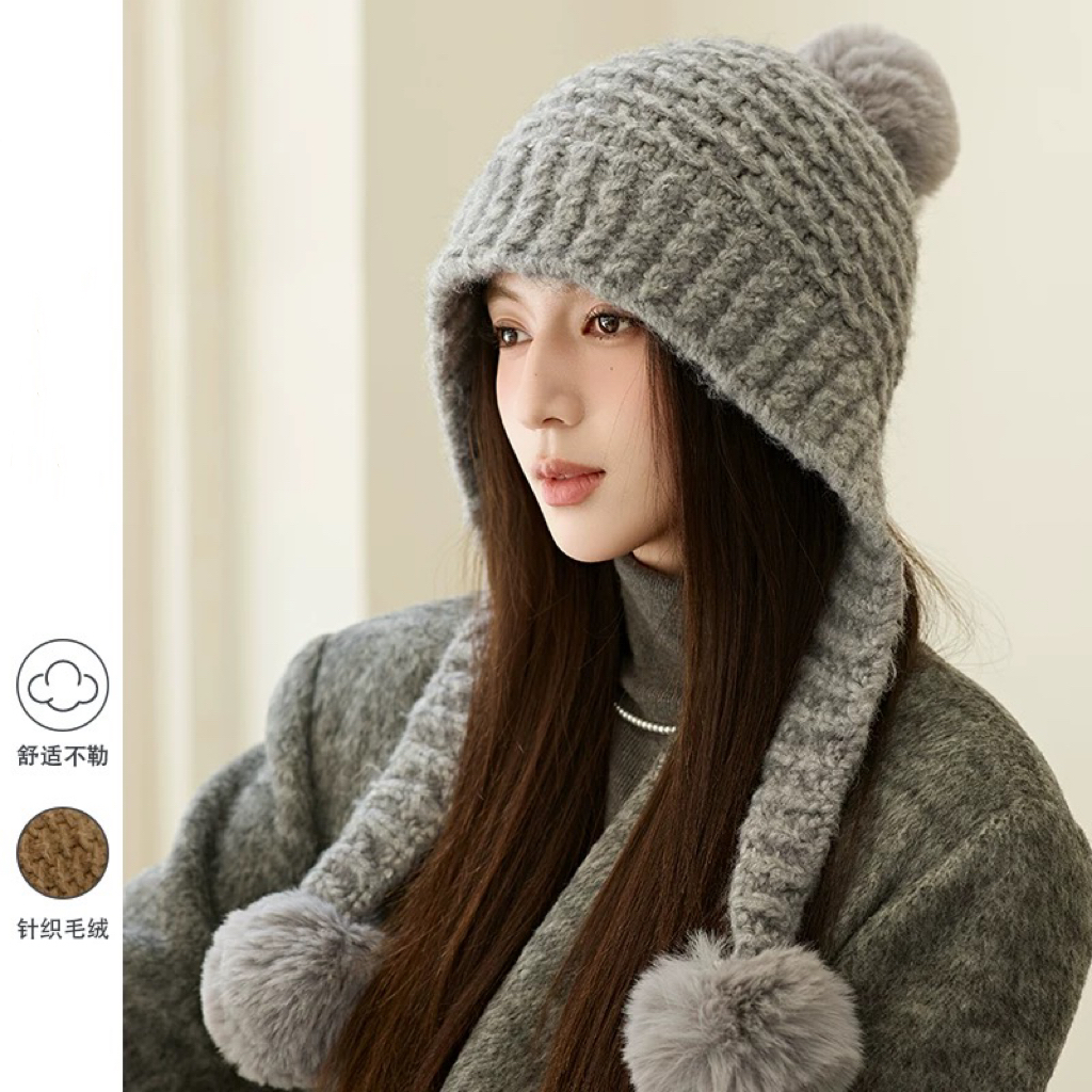 25S 盐系复古加厚手工针织帽子韩版女冬季加绒保暖护耳球球毛线帽