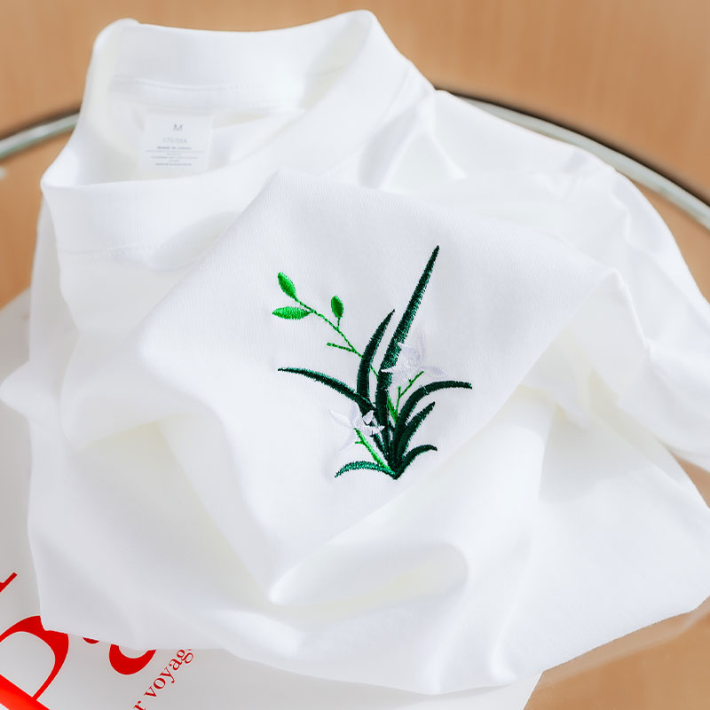 兰花100纯棉刺绣短袖t恤女2025夏季新款白色宽松百搭情侣装打底