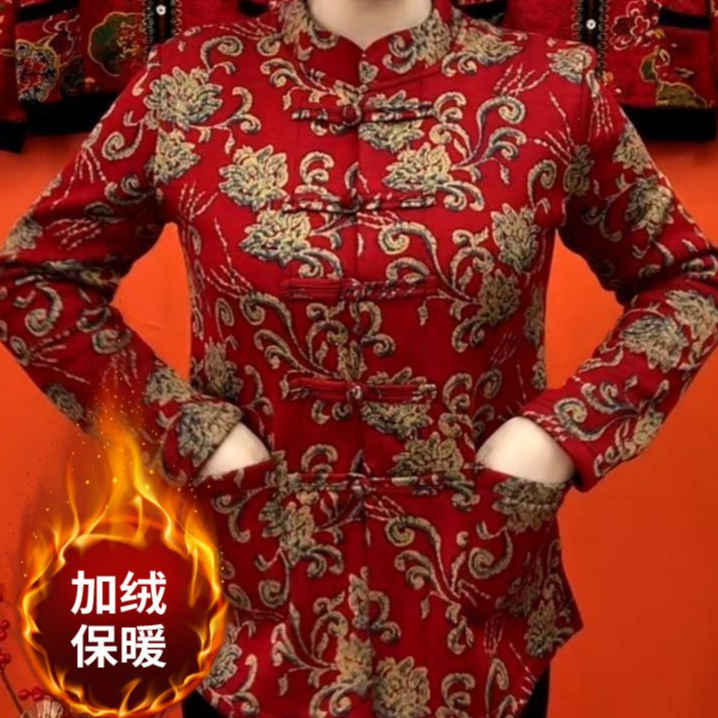 复古碎花中年妈妈加绒外套2024新款宽松气质百搭盘口开衫双兜衬衣
